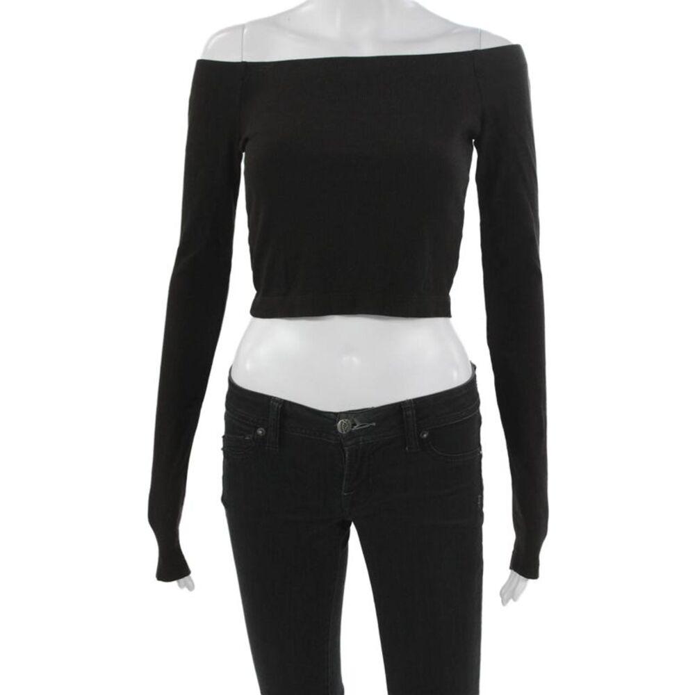 Lanston Womens Cropped Off the Shoulder Black Long Sleeve T-Shirt Size S